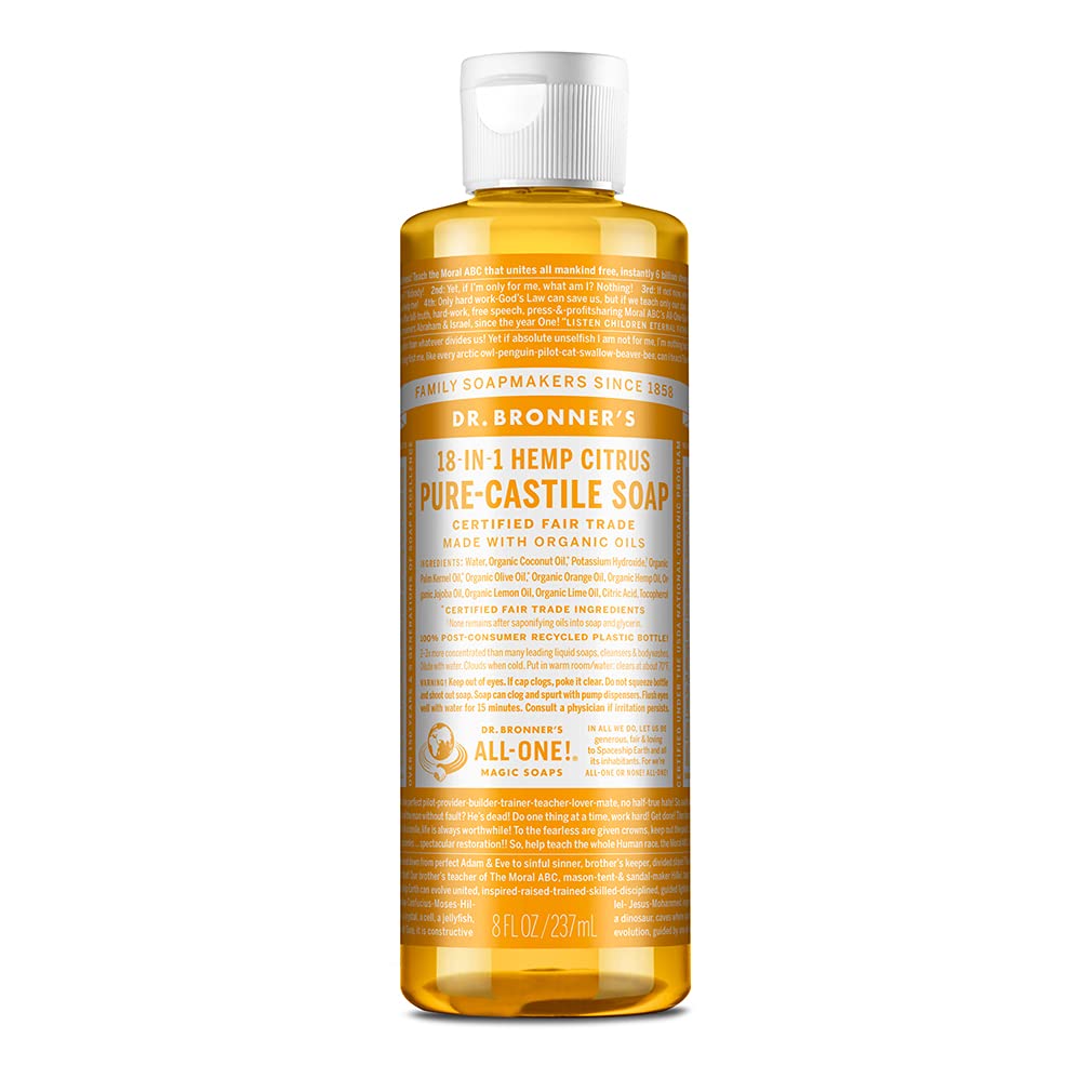 Dr. Bronner's Pure-Castile Citrus soap bottle shows a versatile all-purpose cleaner option.