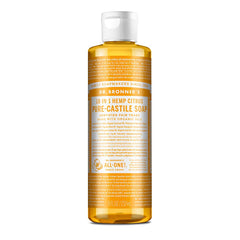 Dr. Bronner's Pure-Castile Citrus soap bottle shows a versatile all-purpose cleaner option.