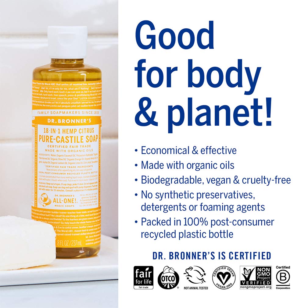 Dr. Bronner's Citrus label highlights organic, fair-trade ingredients.