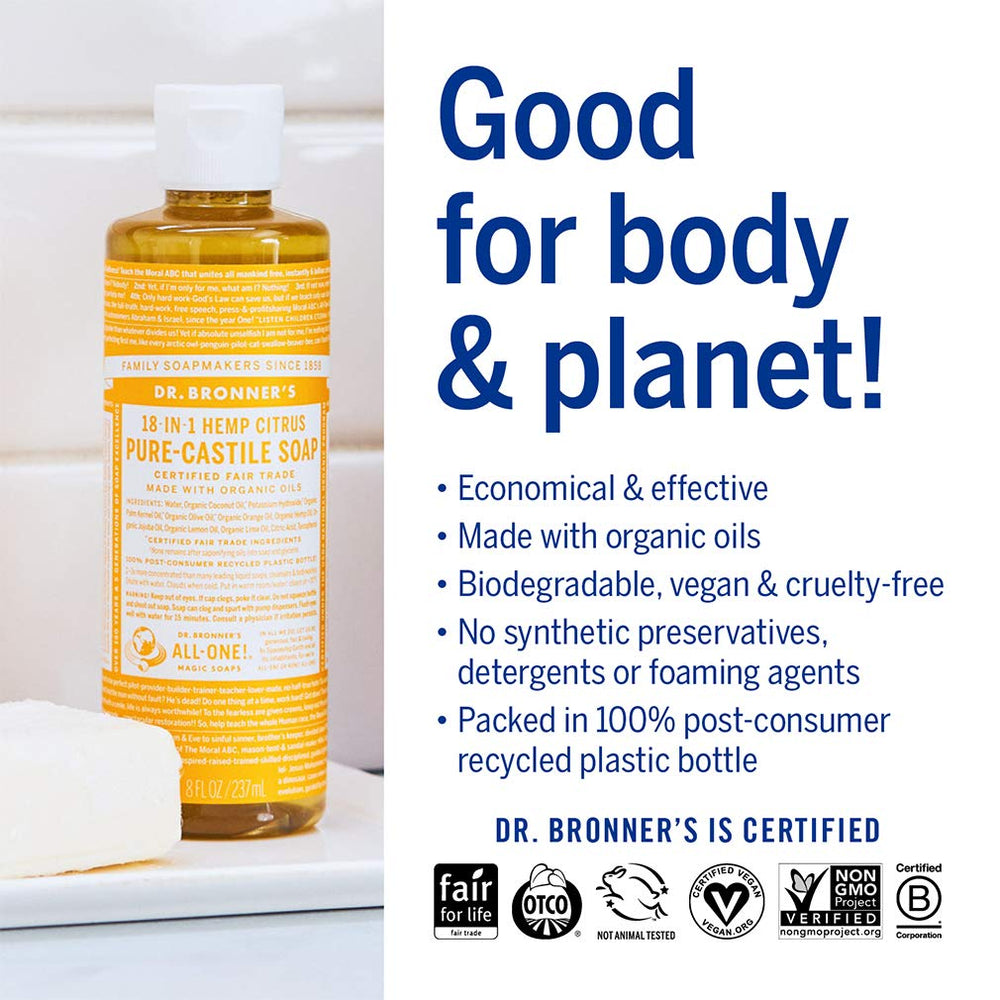 Dr. Bronner's Citrus label highlights organic, fair-trade ingredients.