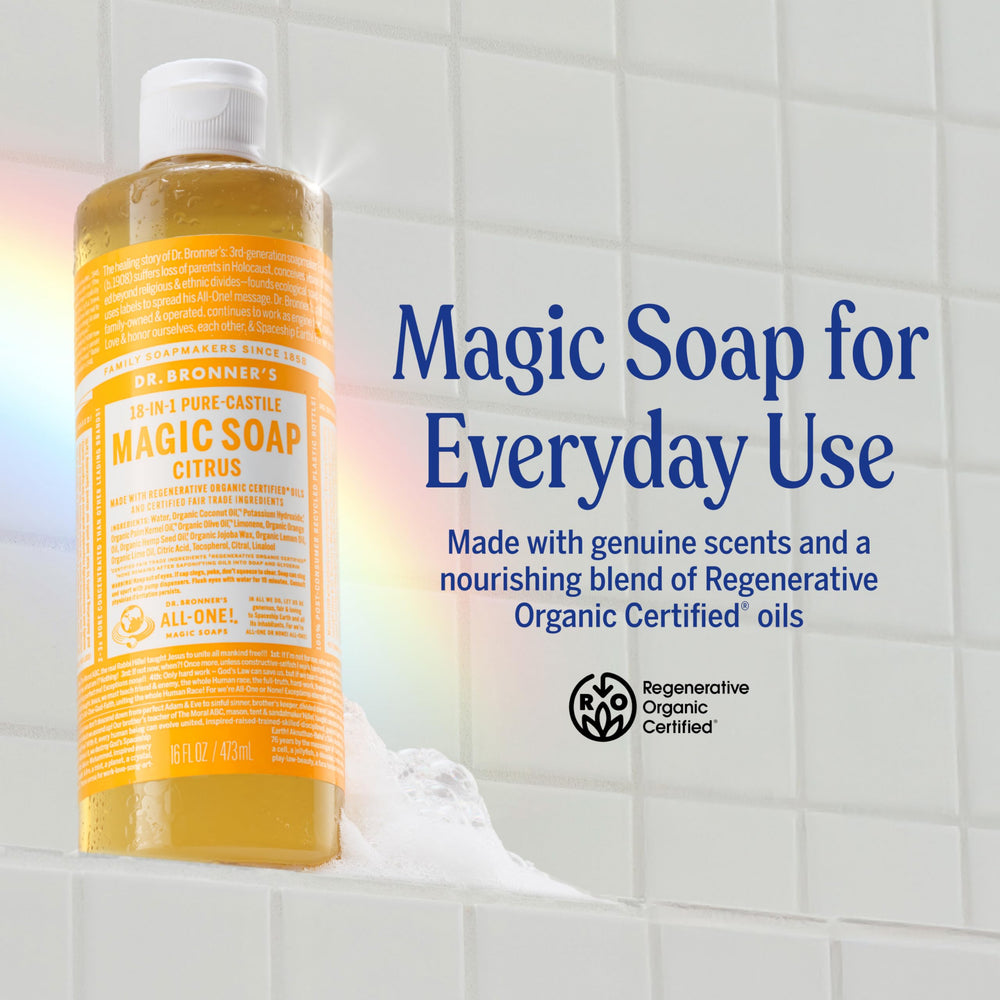 Closeup of citrus lather on Dr. Bronner's Pure-Castile Soap for skin-friendly cleansing.