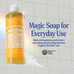 Closeup of citrus lather on Dr. Bronner's Pure-Castile Soap for skin-friendly cleansing.