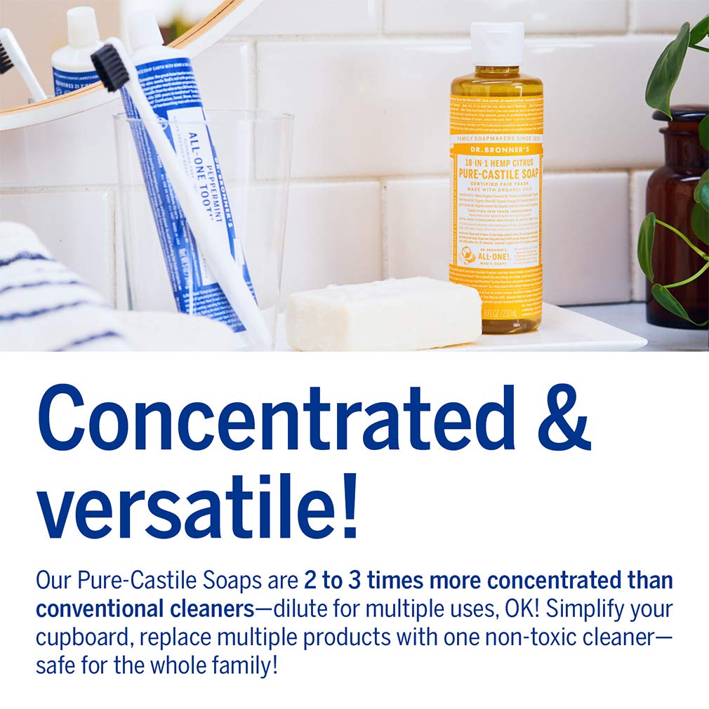 Dr. Bronner's label shows plant-based, organic formulation for everyday cleaning.