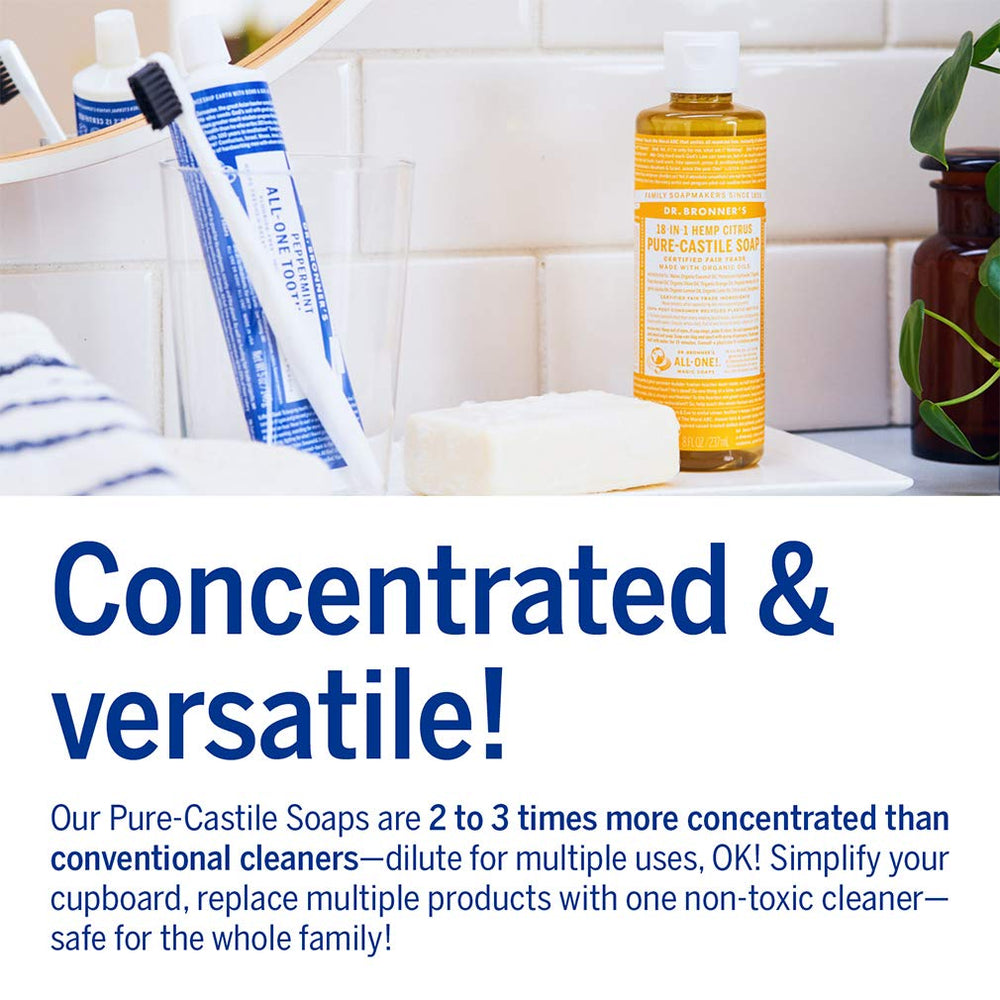Dr. Bronner's label shows plant-based, organic formulation for everyday cleaning.