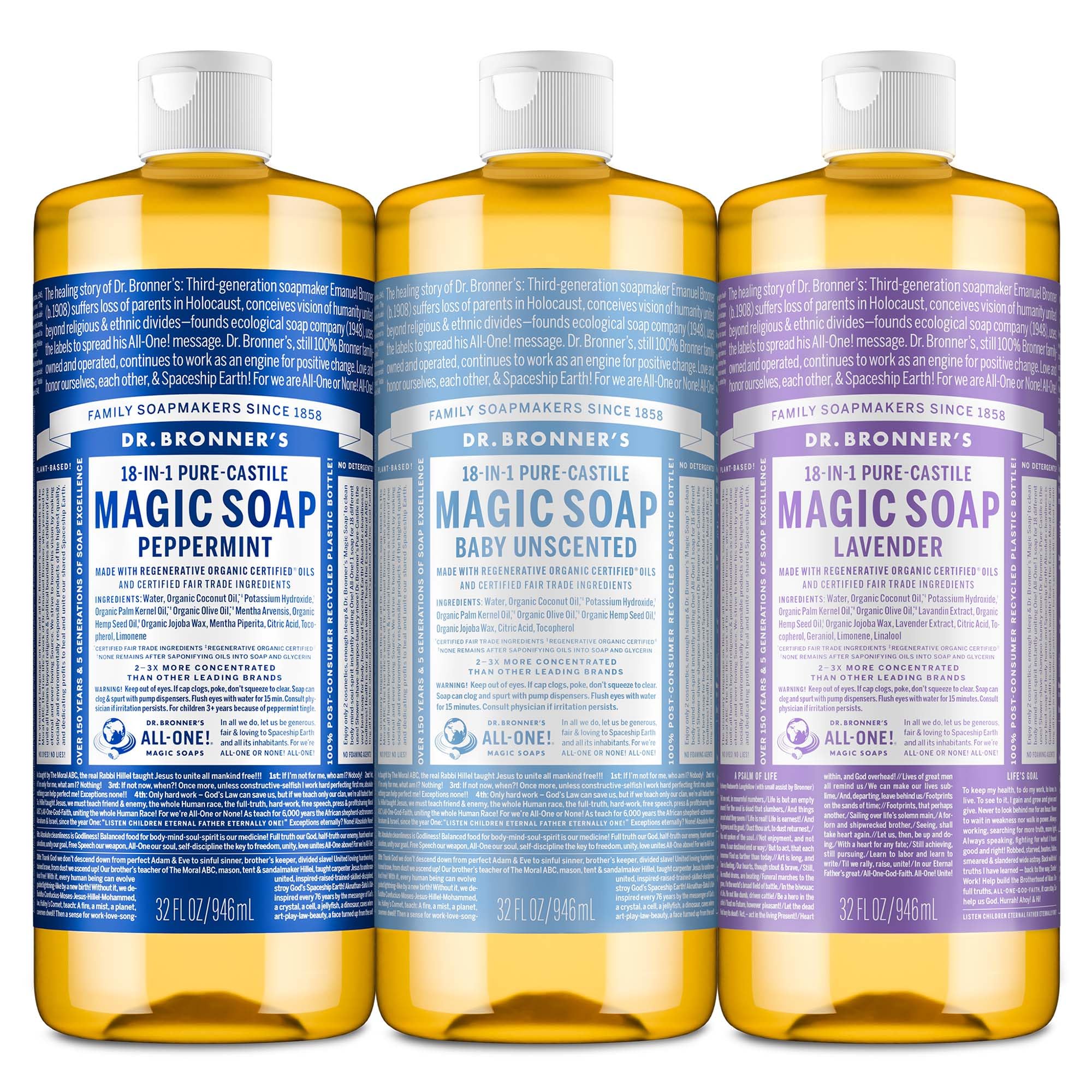 Dr. Bronner's Peppermint Pure-Castile soap bottle with refreshing cleanse and bright lather