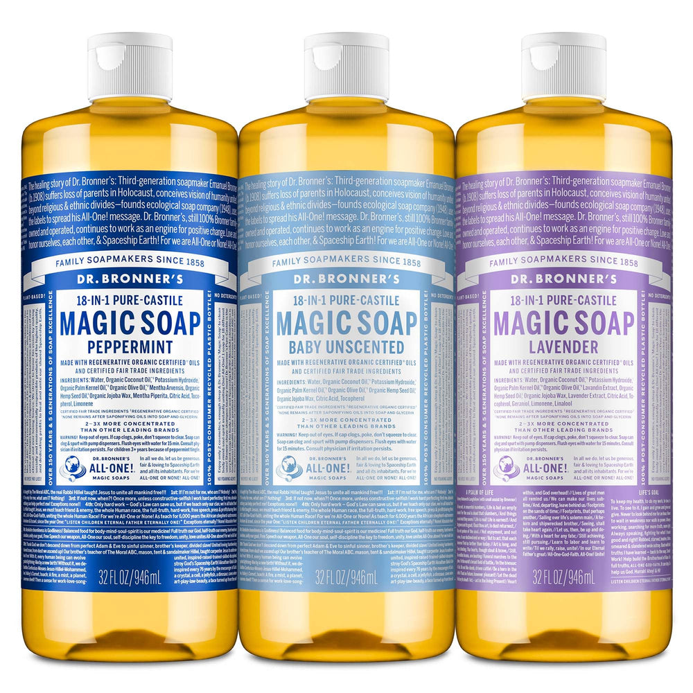 Dr. Bronner's Peppermint Pure-Castile soap bottle with refreshing cleanse and bright lather