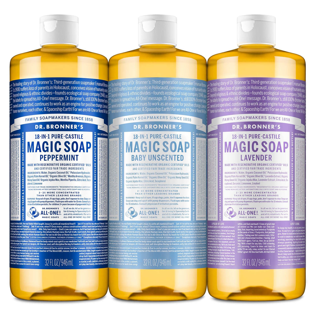 Dr. Bronner's Peppermint Pure-Castile soap bottle with refreshing cleanse and bright lather