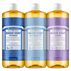 Dr. Bronner's Peppermint Pure-Castile soap bottle with refreshing cleanse and bright lather