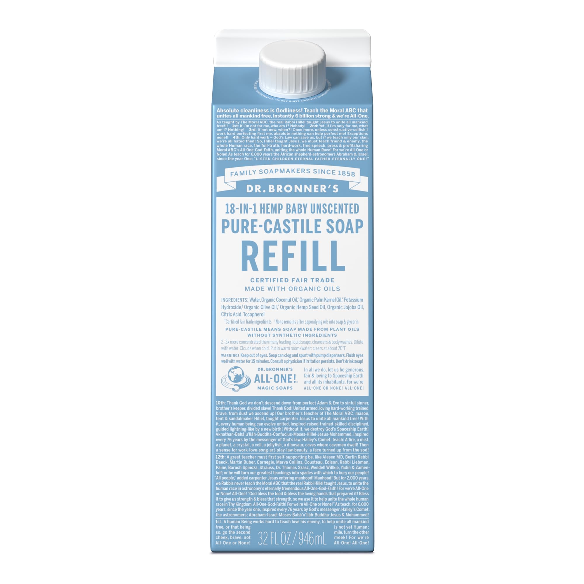 Dr. Bronner's Pure-Castile refill bottle close-up for versatile cleansing.