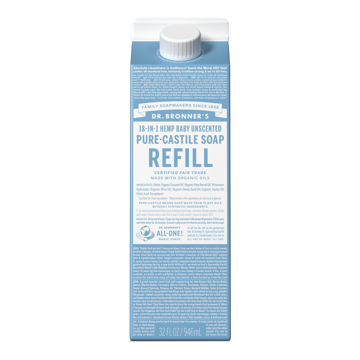 Dr. Bronner's Pure-Castile refill bottle close-up for versatile cleansing.