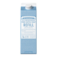Dr. Bronner's Pure-Castile refill bottle close-up for versatile cleansing.
