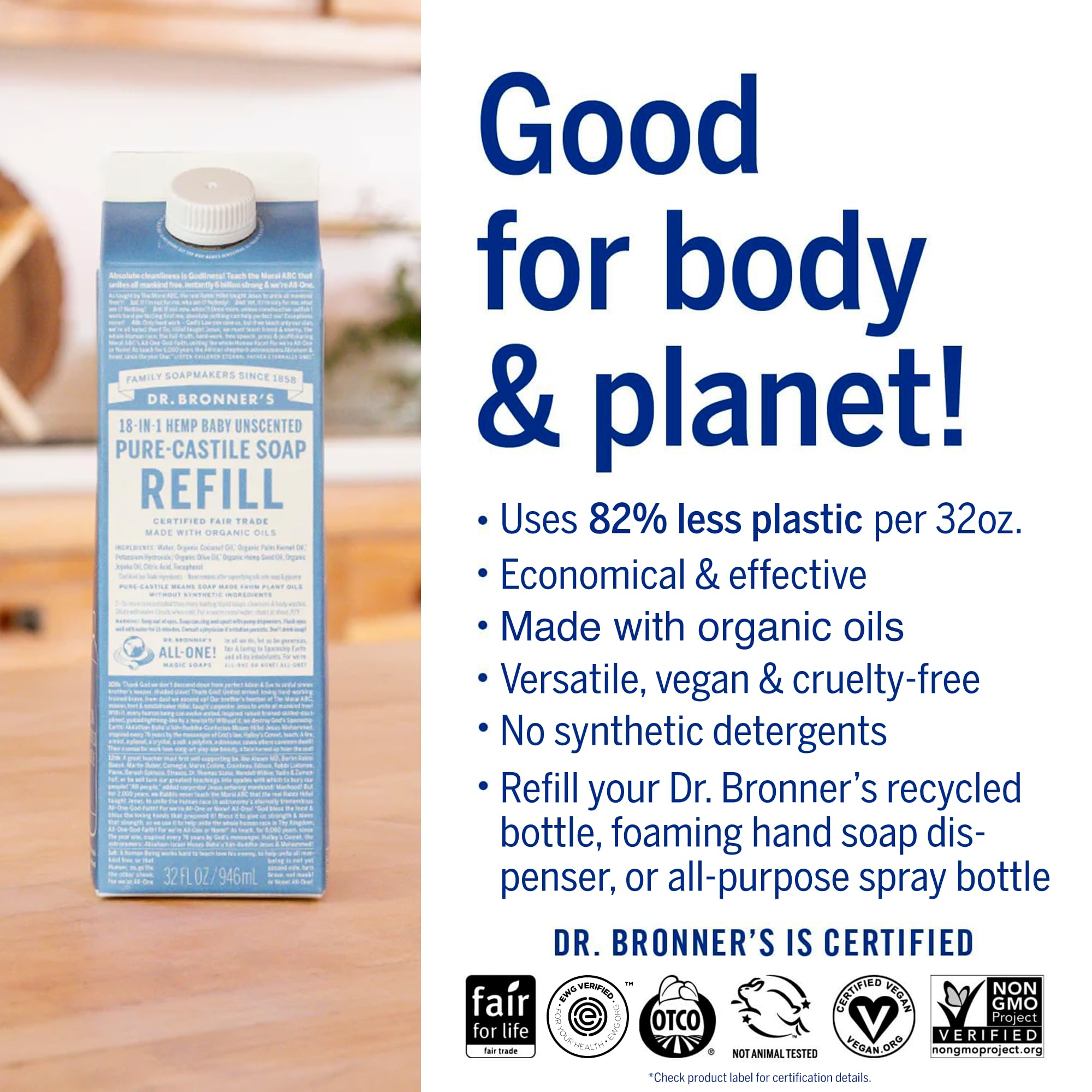 Dr. Bronner's refill bottle pour demonstrates rich lather for daily cleaning.