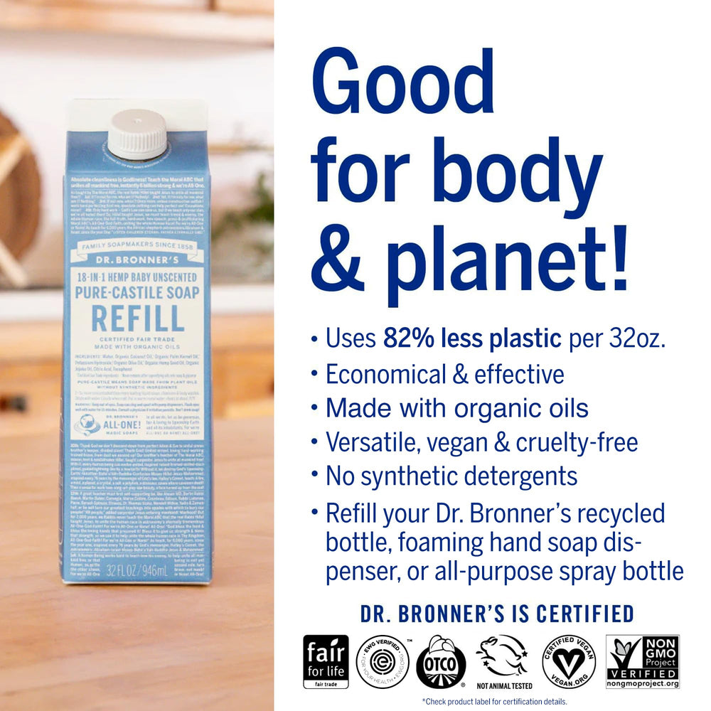 Dr. Bronner's refill bottle pour demonstrates rich lather for daily cleaning.