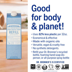 Dr. Bronner's refill bottle pour demonstrates rich lather for daily cleaning.