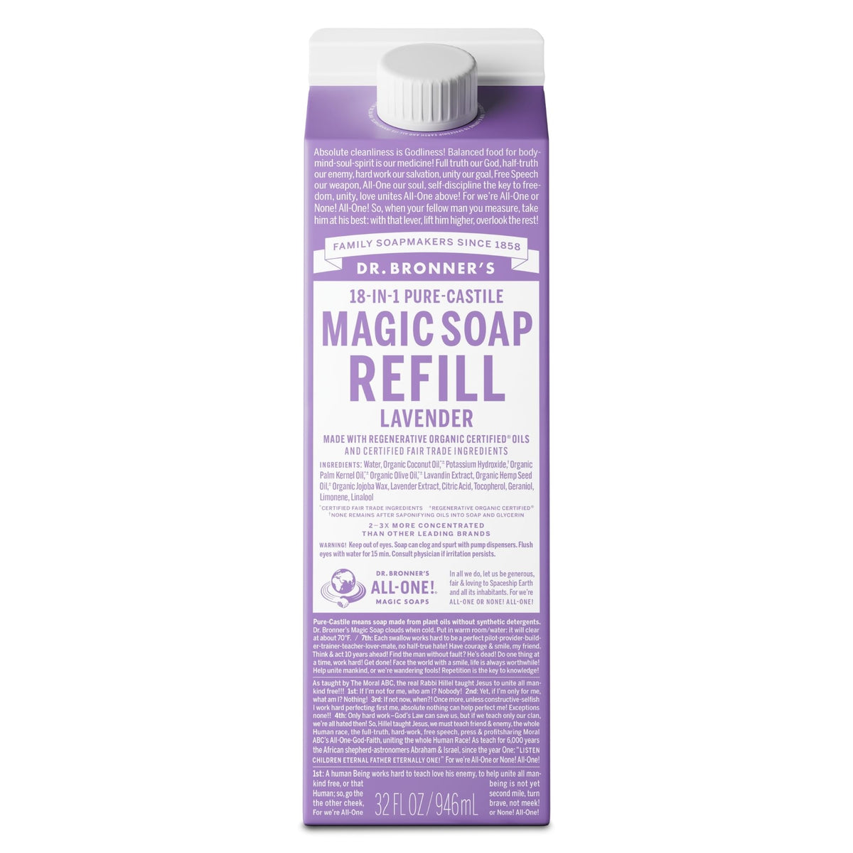 Dr. Bronner's lavender castile soap refill pour for multi-use cleaning
