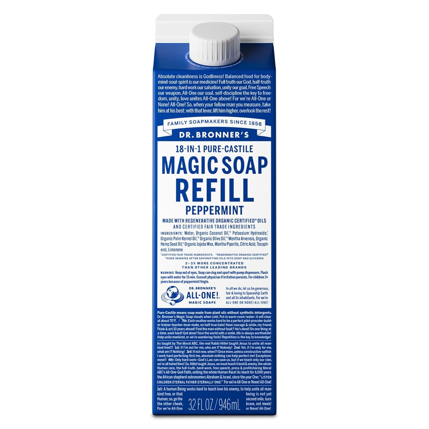 Dr. Bronner's Pure-Castile Soap refill pour shows convenient dosing for versatile cleaning.