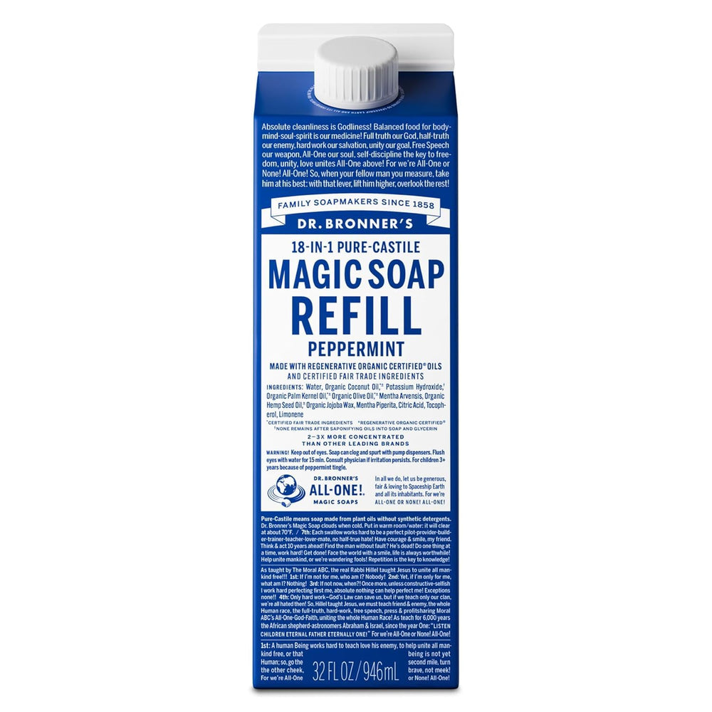Dr. Bronner's Pure-Castile Soap refill pour shows convenient dosing for versatile cleaning.