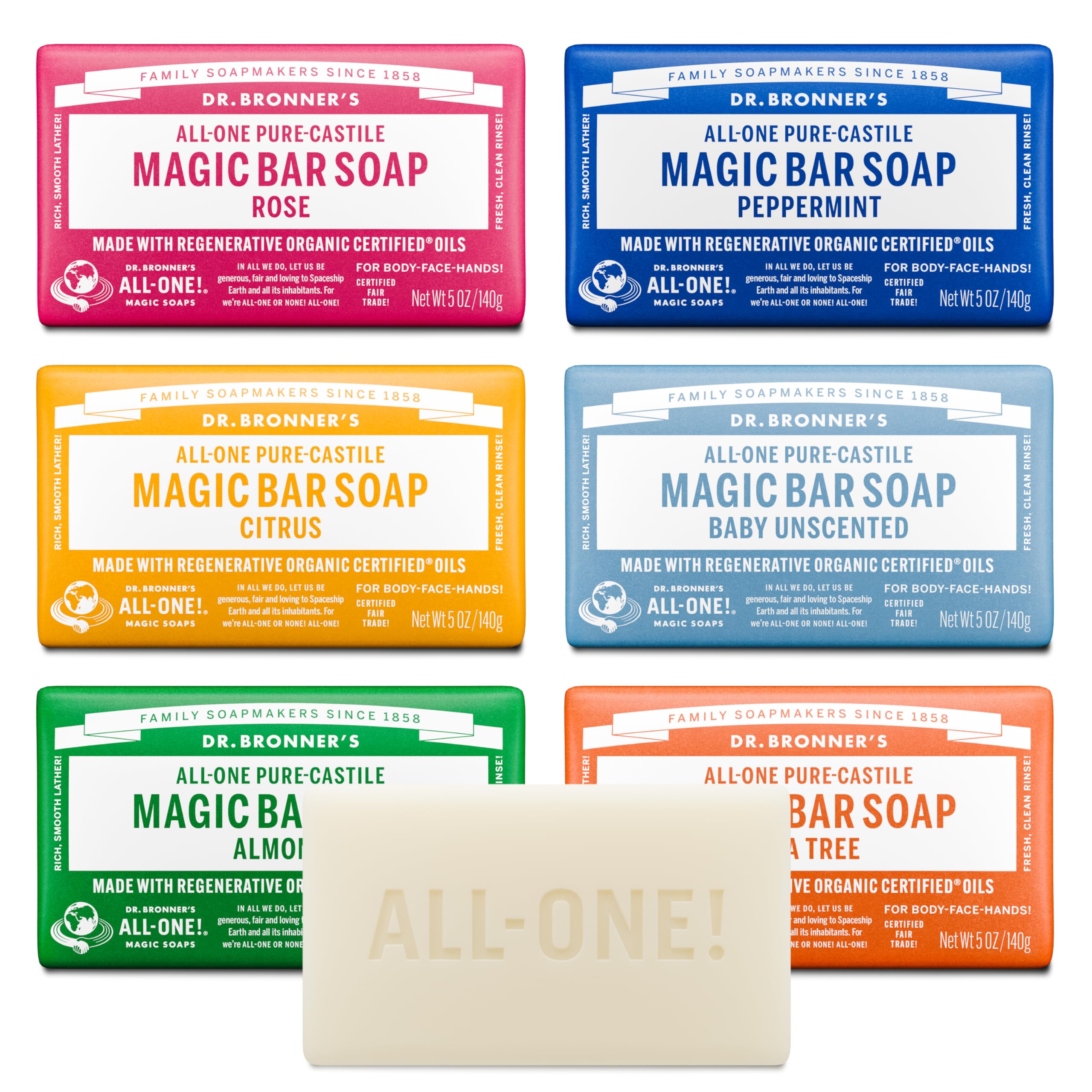 Dr. Bronner's Pure-Castile Magic Bar Almond, rich lather for face and body cleansing.