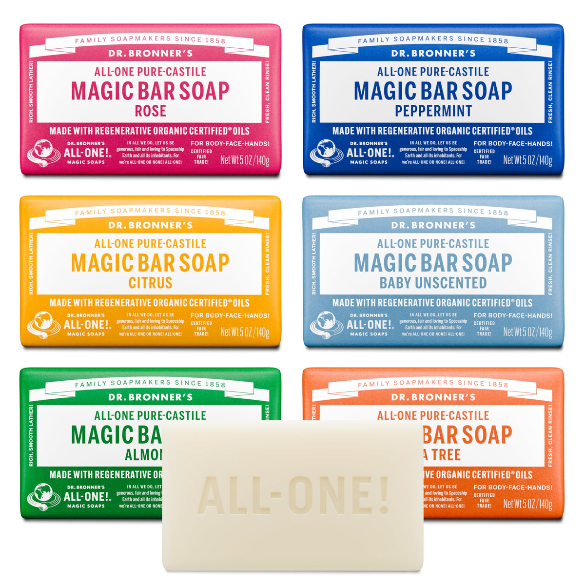 Dr. Bronner's Pure-Castile Magic Bar Almond, rich lather for face and body cleansing.