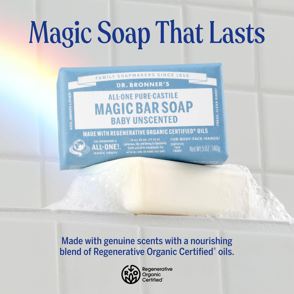 Dr. Bronner's Magic Bar Baby Unscented close-up showing rich lather for thorough cleansing.