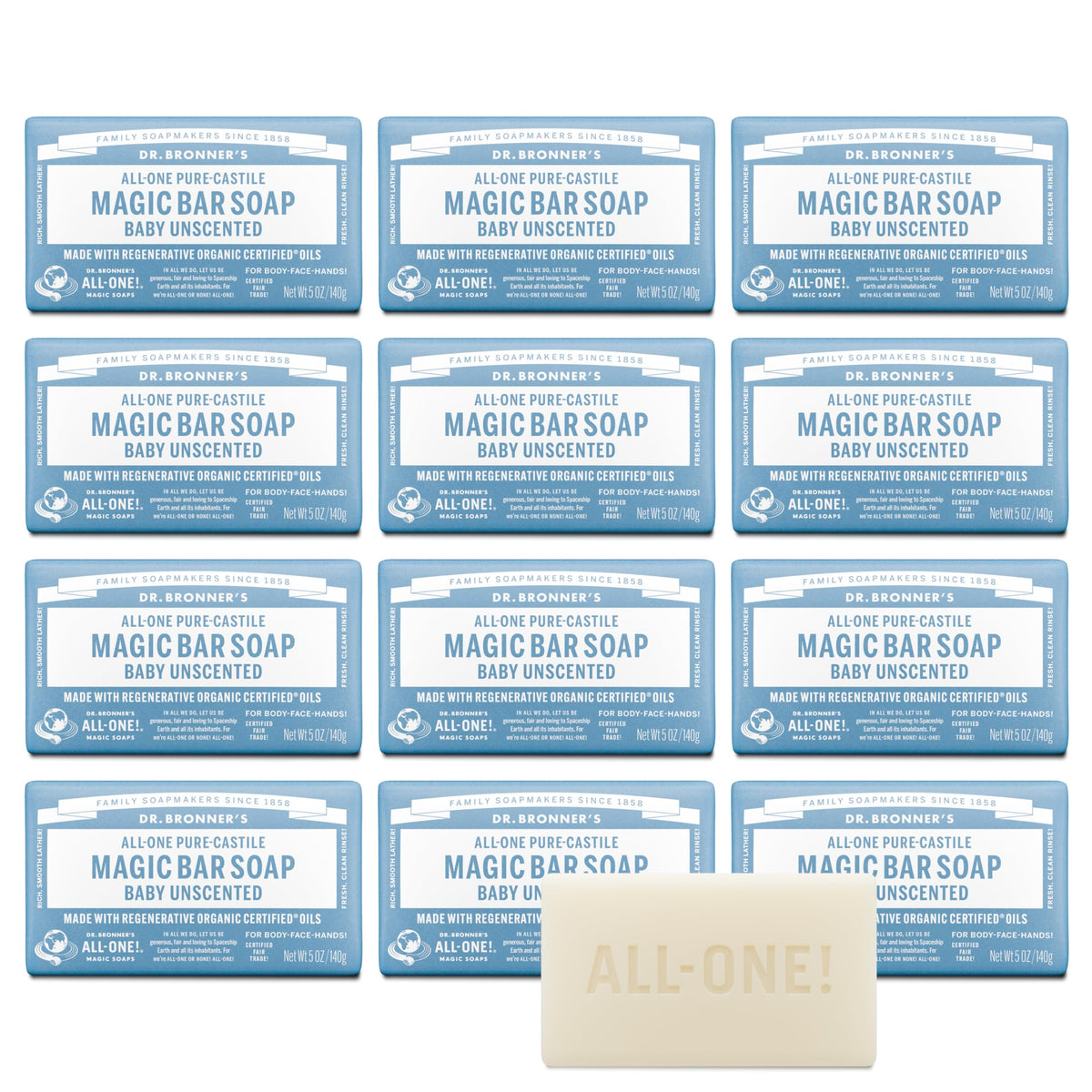 Dr. Bronner's Magic Bar Baby Unscented packaging on recyclable wrapper supports eco-friendly routines.