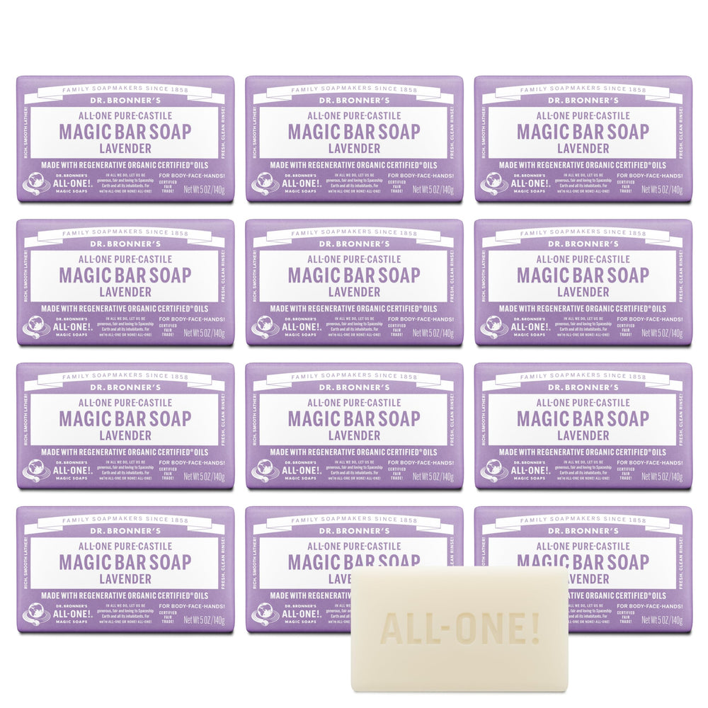 Dr. Bronner's Pure-Castile Lavender Magic Bar pack front view for bulk cleansing.