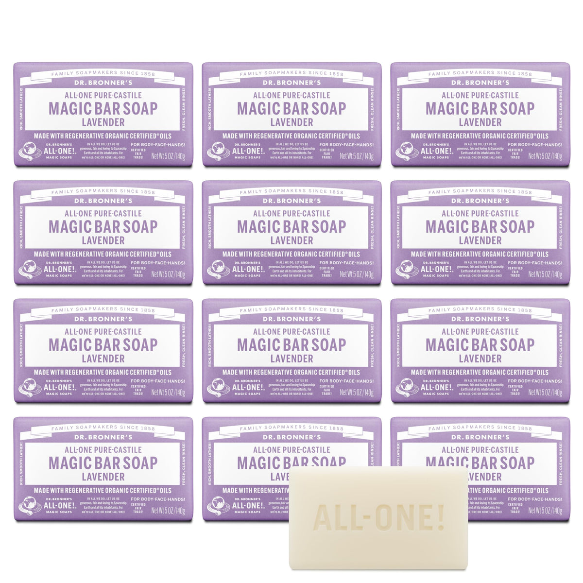 Dr. Bronner's Pure-Castile Lavender Magic Bar pack front view for bulk cleansing.