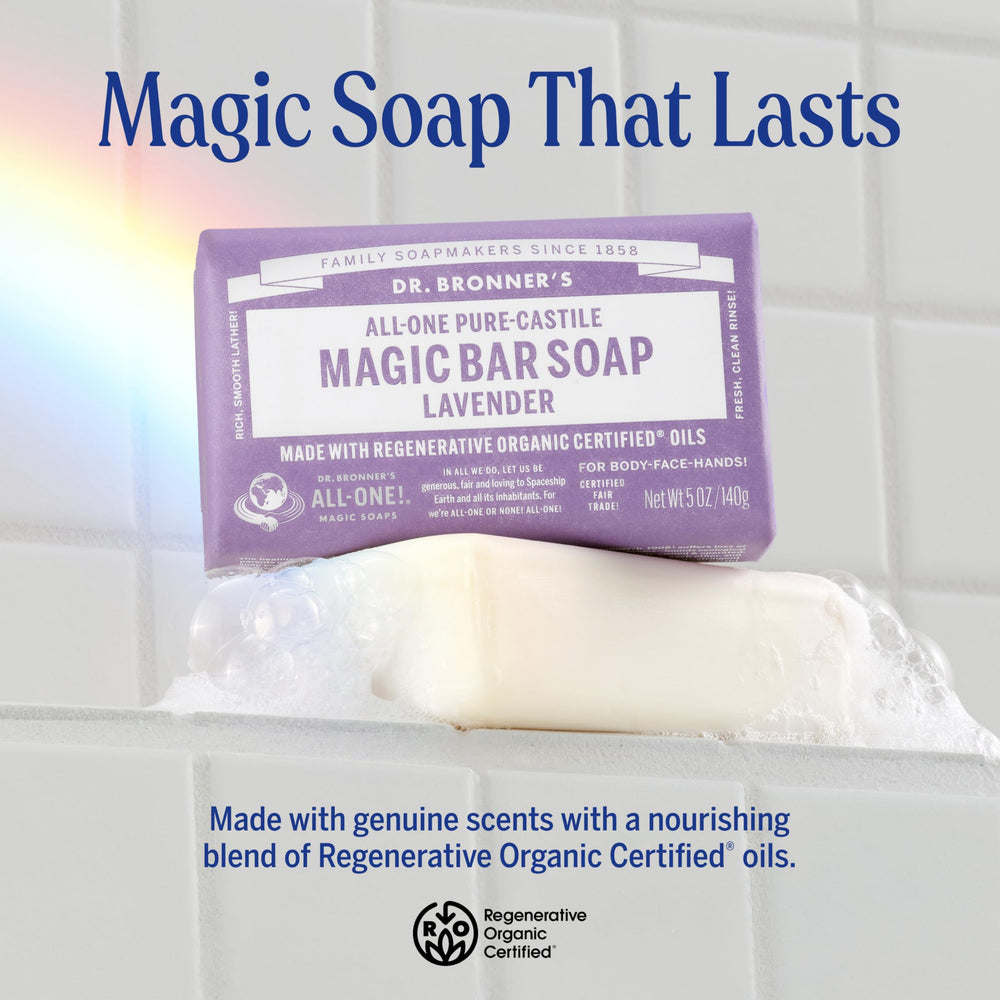 Dr. Bronner's Lavender bar delivers relaxing scent during bath.