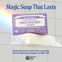 Dr. Bronner's Lavender bar delivers relaxing scent during bath.