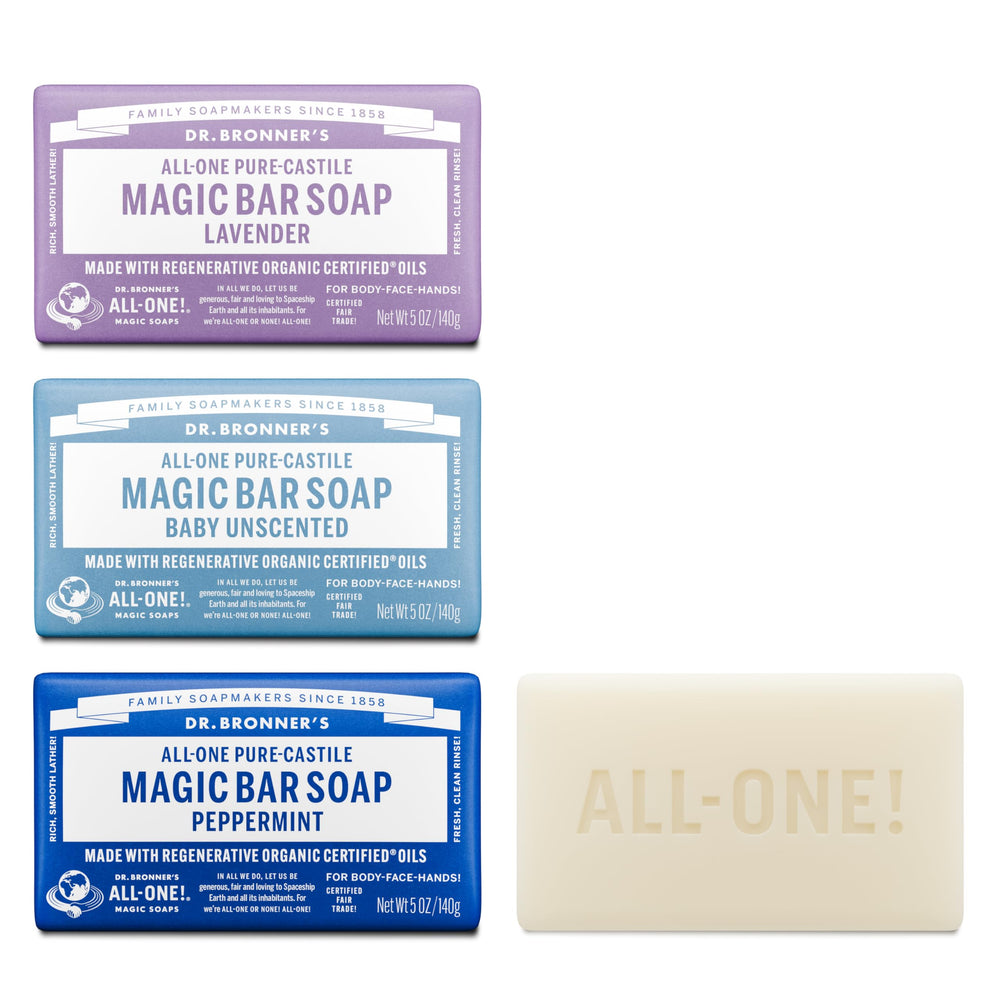 Dr. Bronner's Peppermint bar offers refreshing lather for face and body.