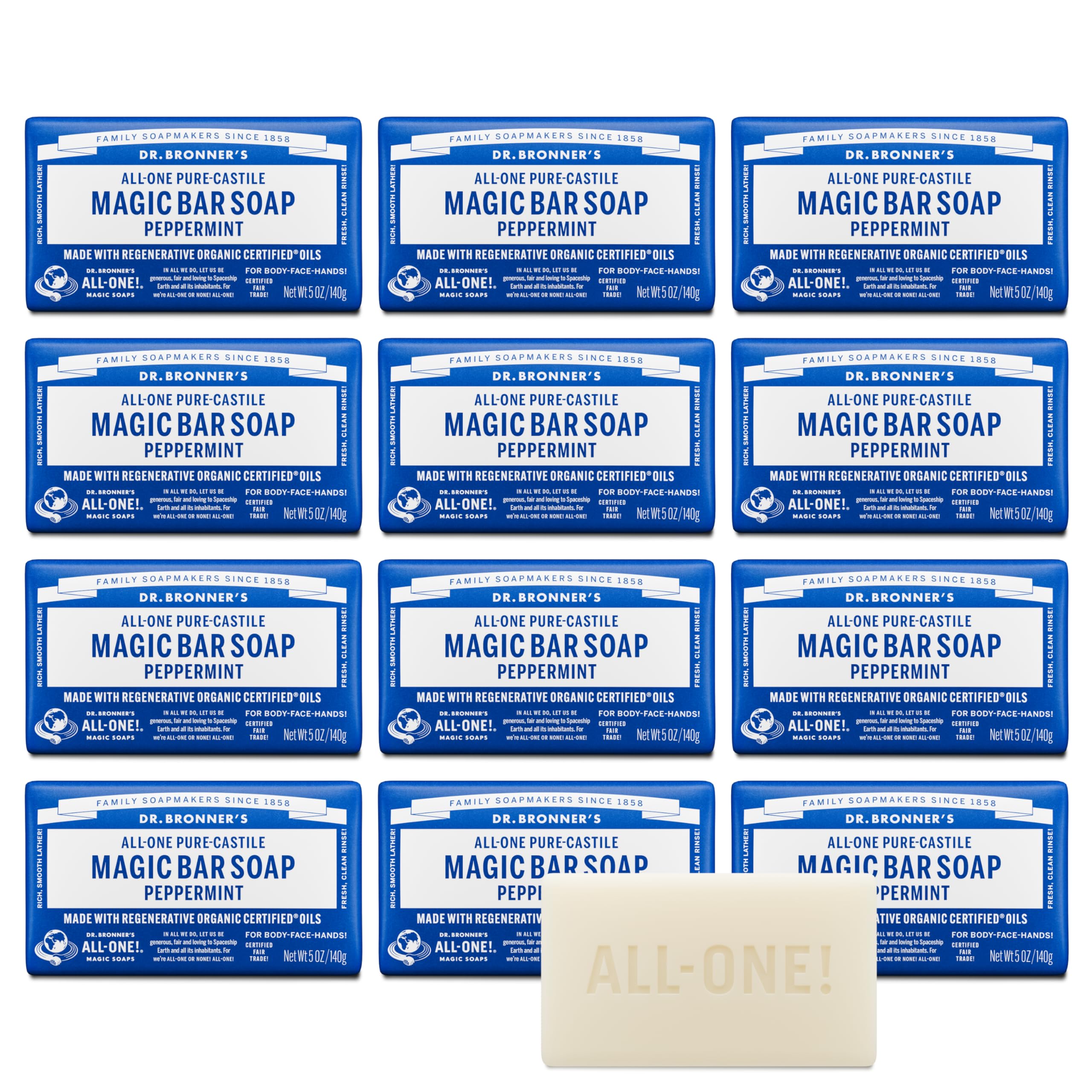 Dr. Bronner’s Pure-Castile Magic Bar Peppermint packaging uses recycled wrap for eco-friendly care.