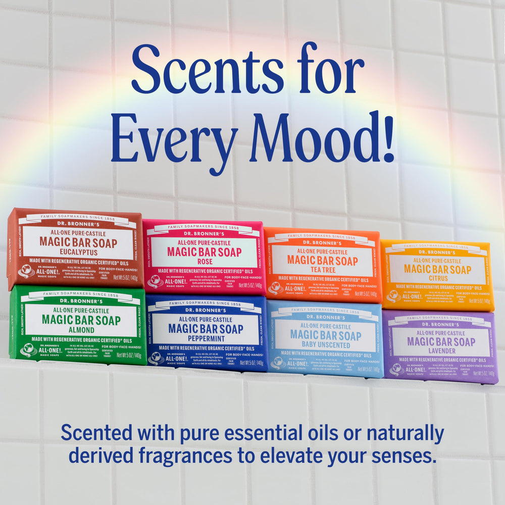 Dr. Bronner's bar shows plant-based ingredients clearly.