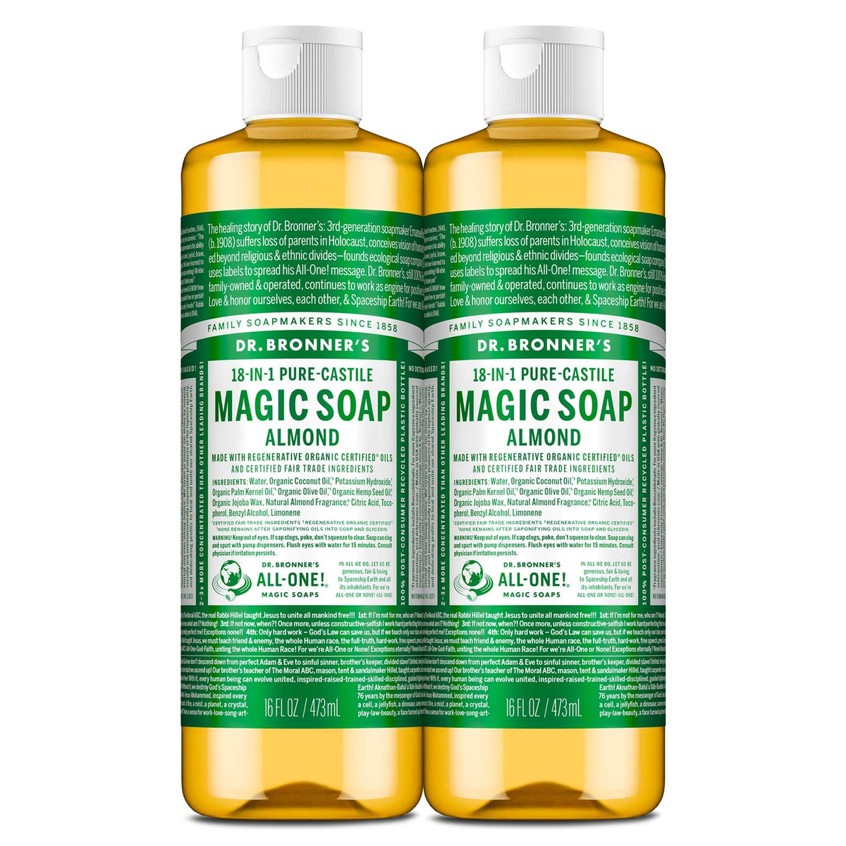 Dr. Bronner's Pure-Castile Almond soap with rich lather for gentle cleansing.