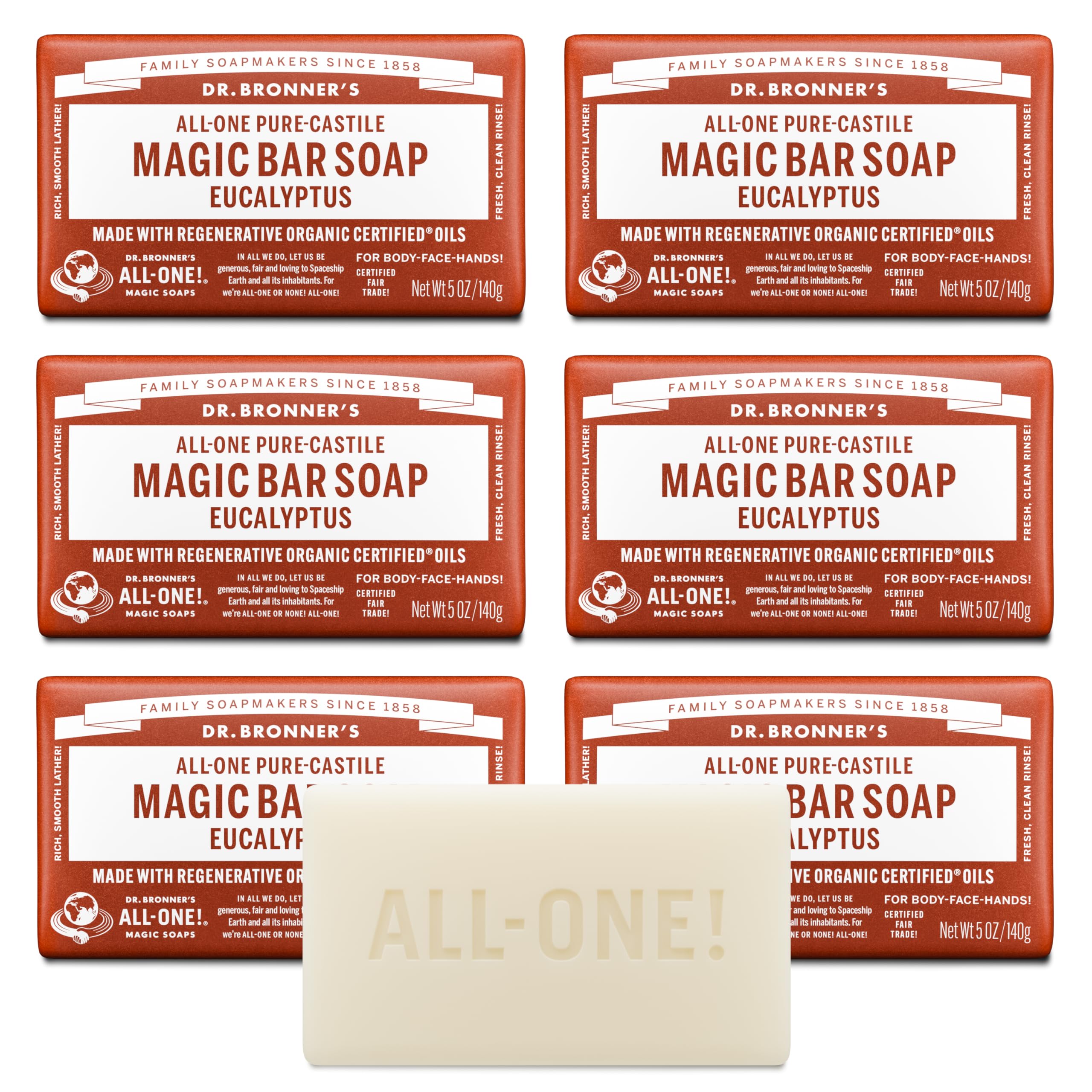 Dr. Bronner's eucalyptus soap bar pack shot—calming cleanse for daily routine.