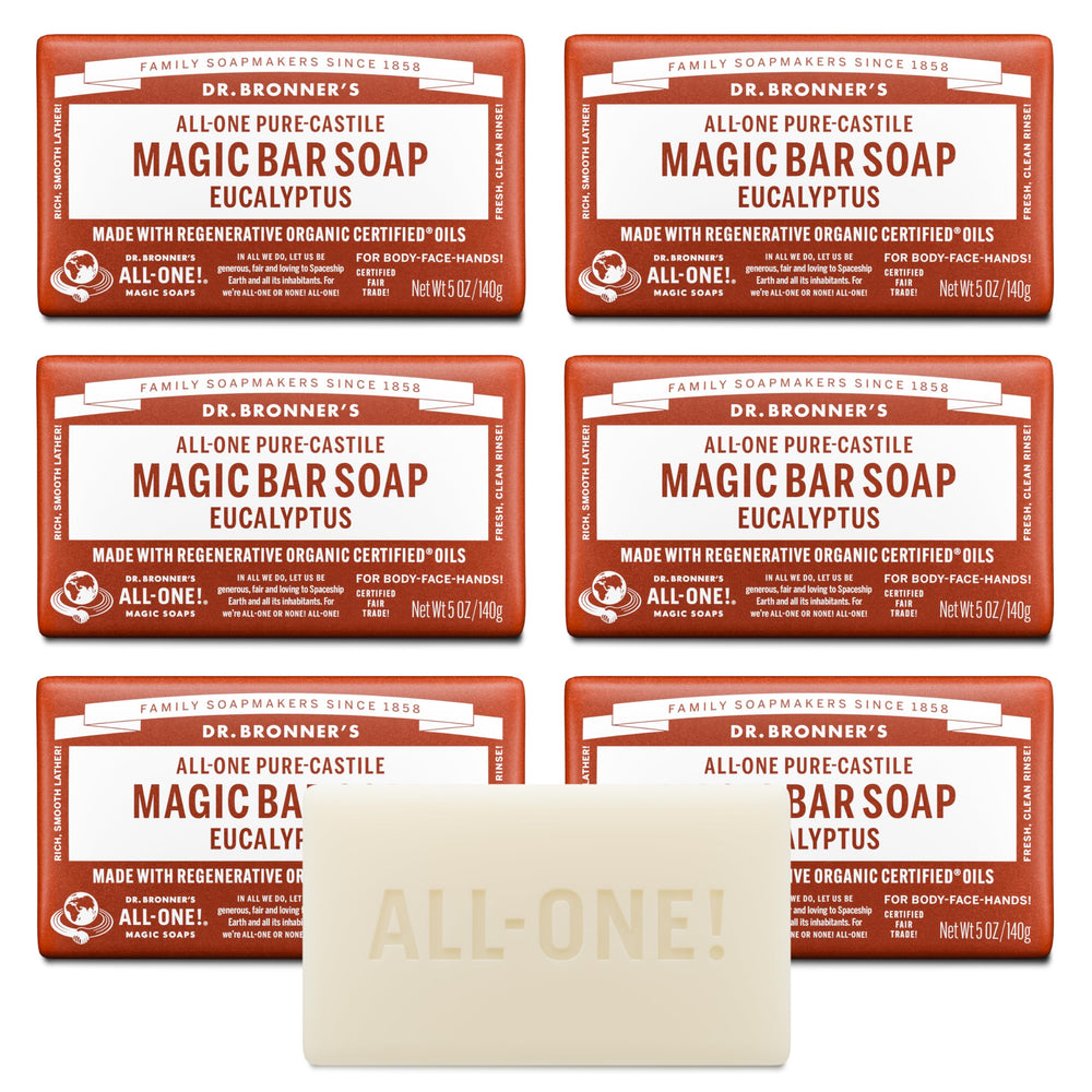 Dr. Bronner's eucalyptus soap bar pack shot—calming cleanse for daily routine.