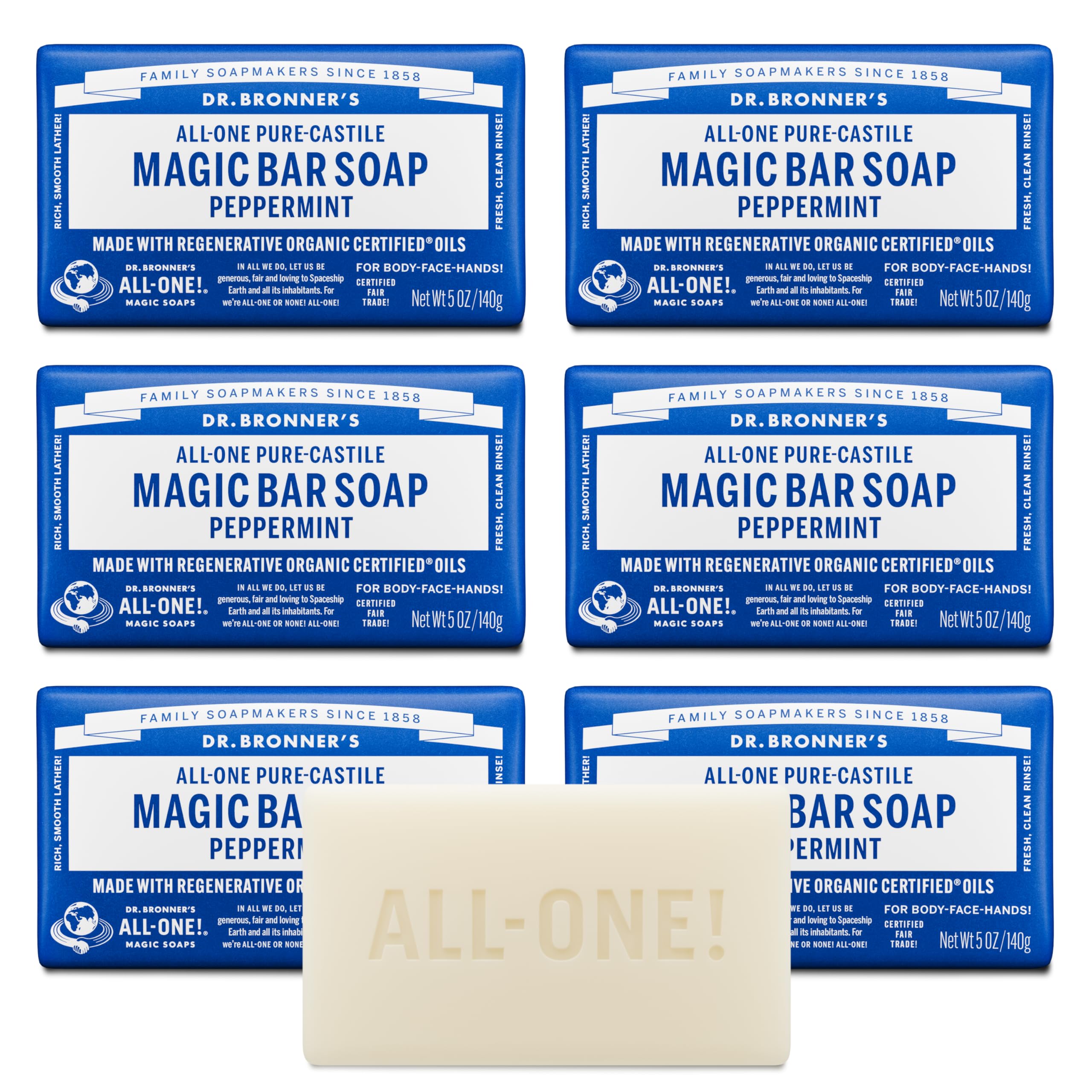Dr. Bronner's Peppermint Pure-Castile soap bar lather close-up for refreshing face and body cleansing