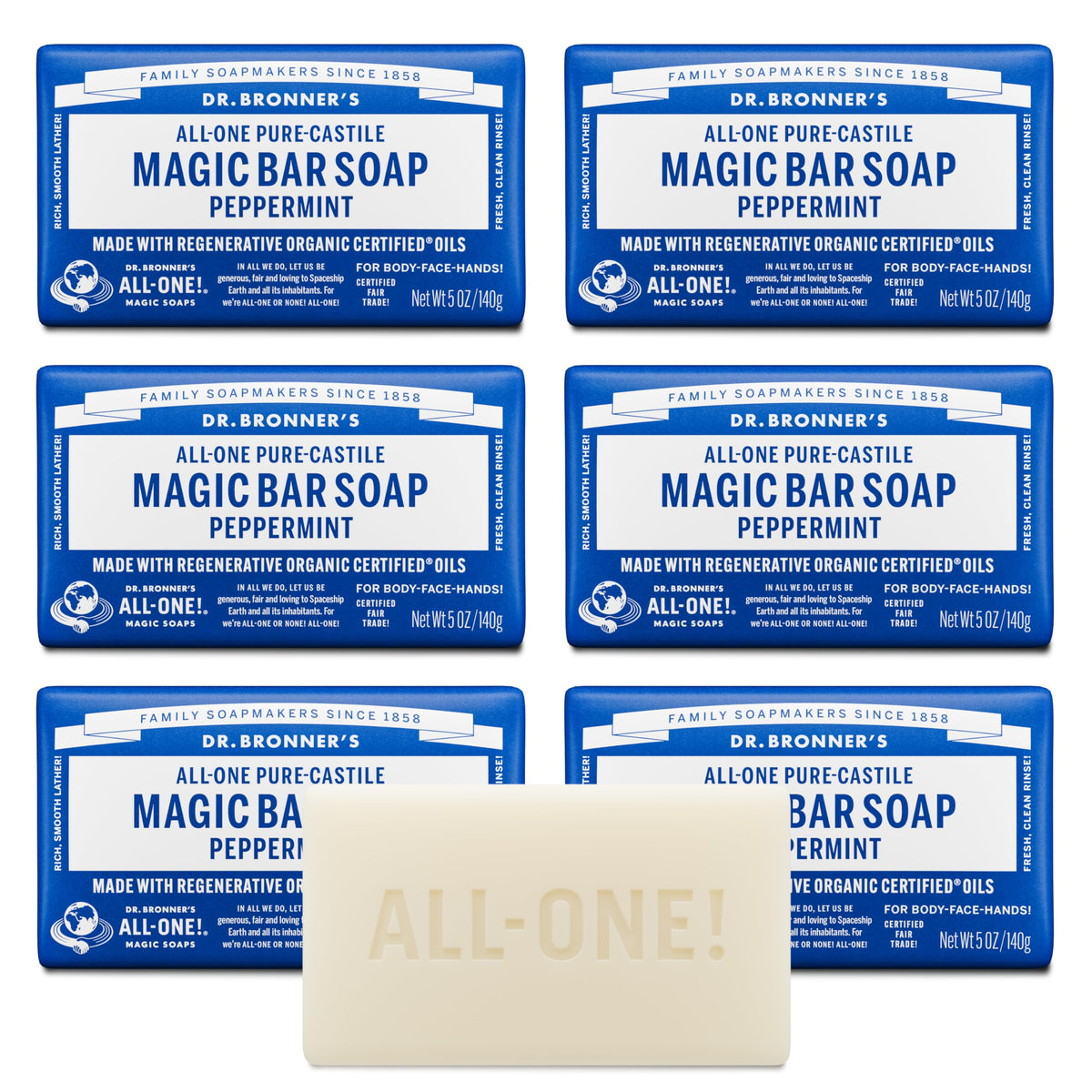Dr. Bronner's Peppermint Pure-Castile soap bar lather close-up for refreshing face and body cleansing