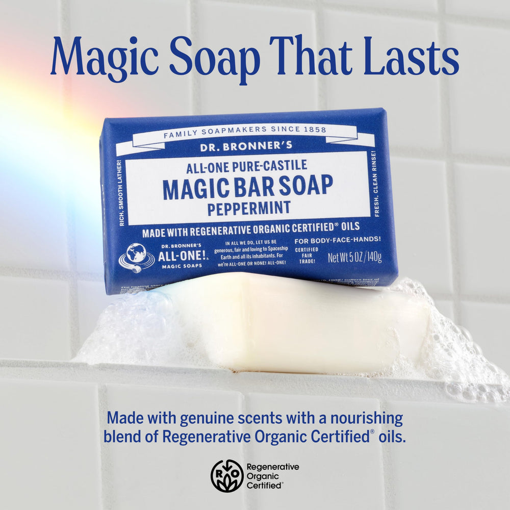 Dr. Bronner's peppermint soap packaging with recycled wrap highlights eco-friendly, waste-reducing packaging