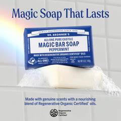Dr. Bronner's peppermint soap packaging with recycled wrap highlights eco-friendly, waste-reducing packaging