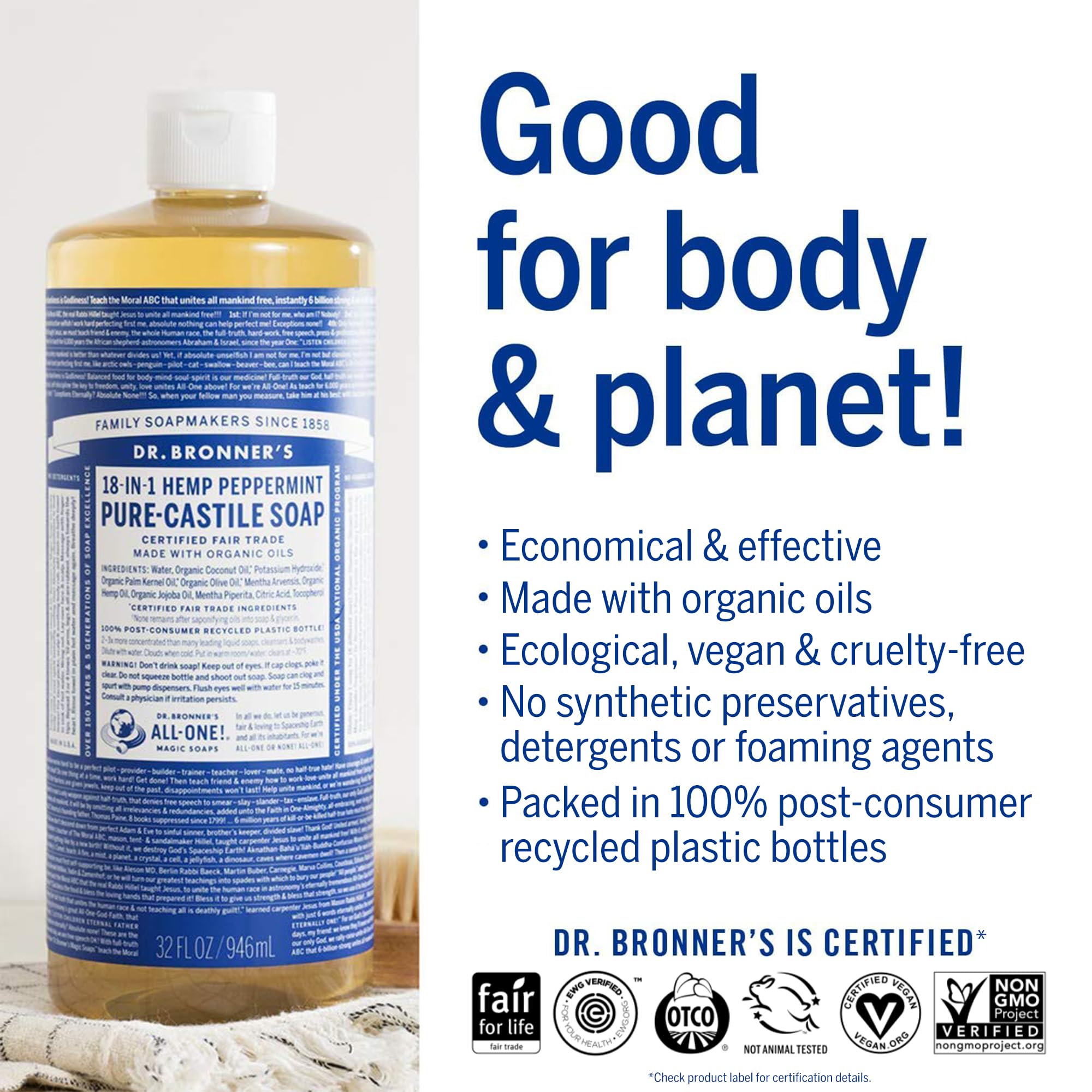 Dr. Bronner's Peppermint Pure-Castile 2-pack packaging signals eco-friendly value.