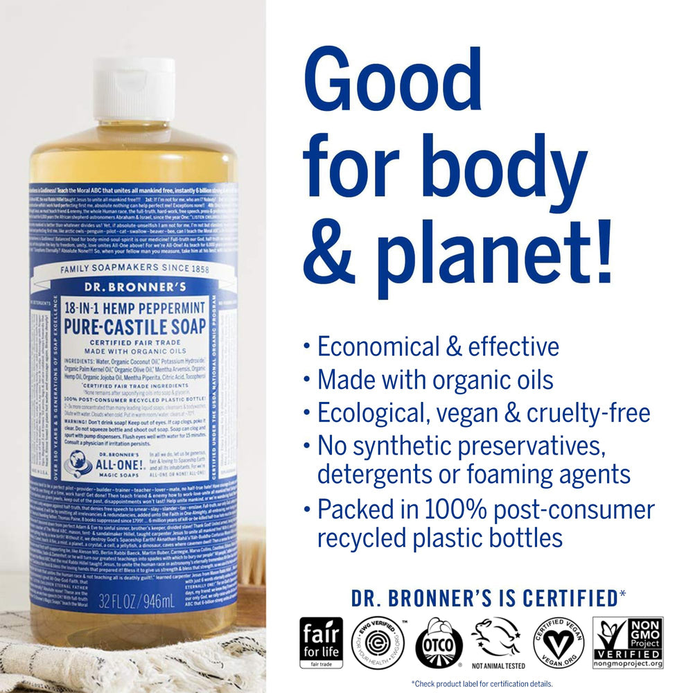 Dr. Bronner's Peppermint Pure-Castile 2-pack packaging signals eco-friendly value.