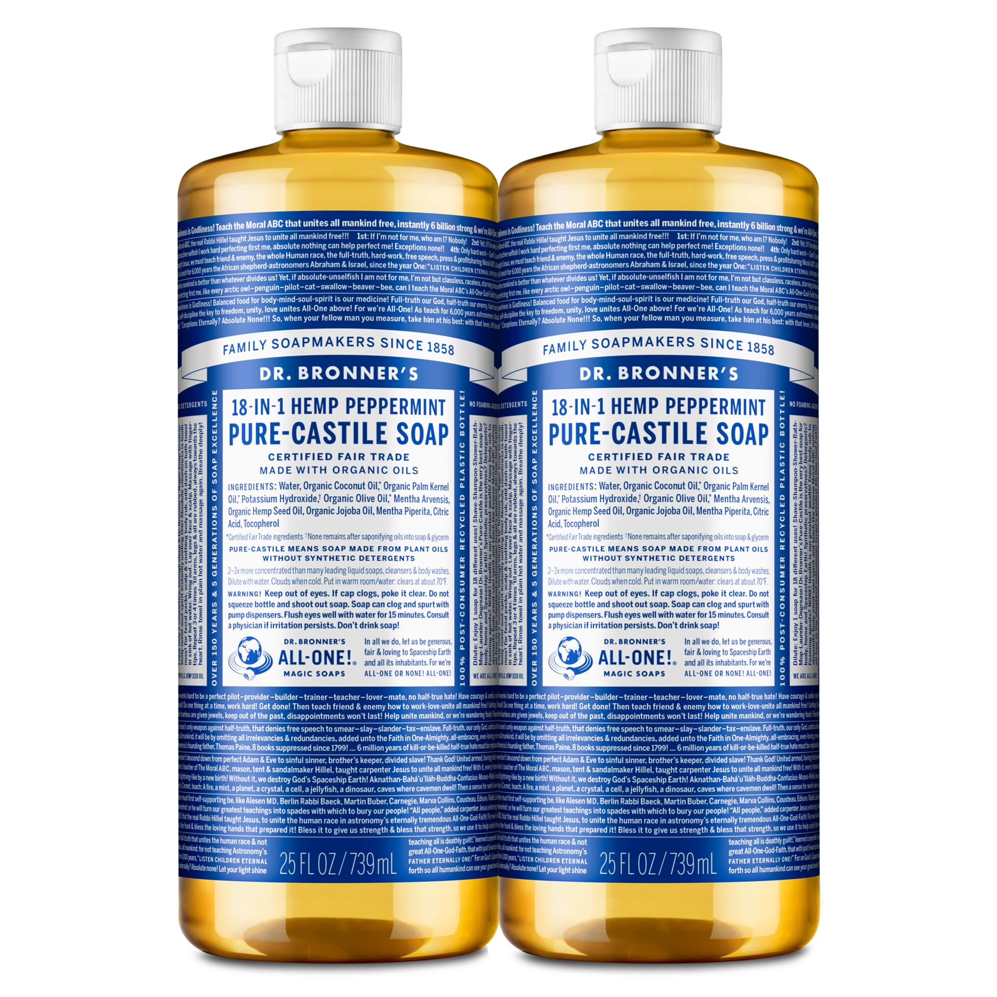 Dr. Bronner's Peppermint Pure-Castile bottle front for versatile cleansing.