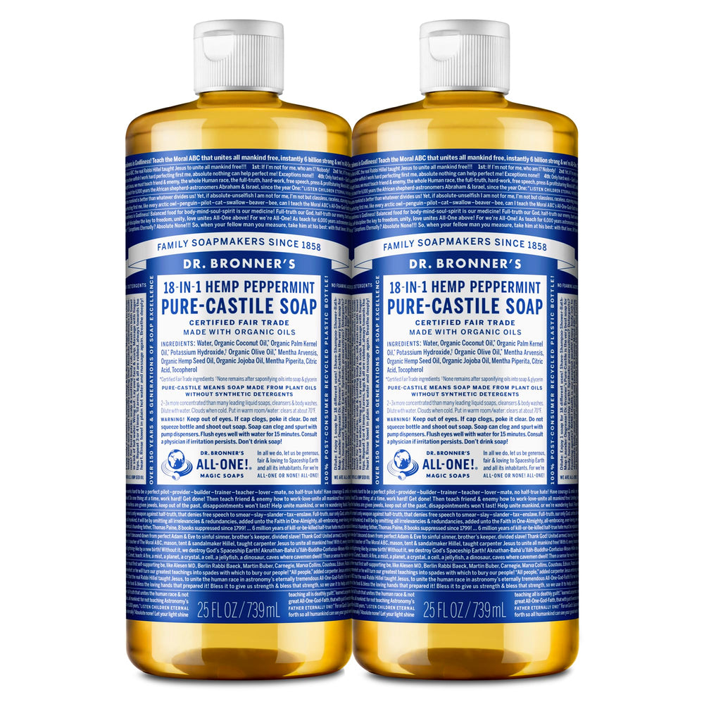 Dr. Bronner's Peppermint Pure-Castile bottle front for versatile cleansing.