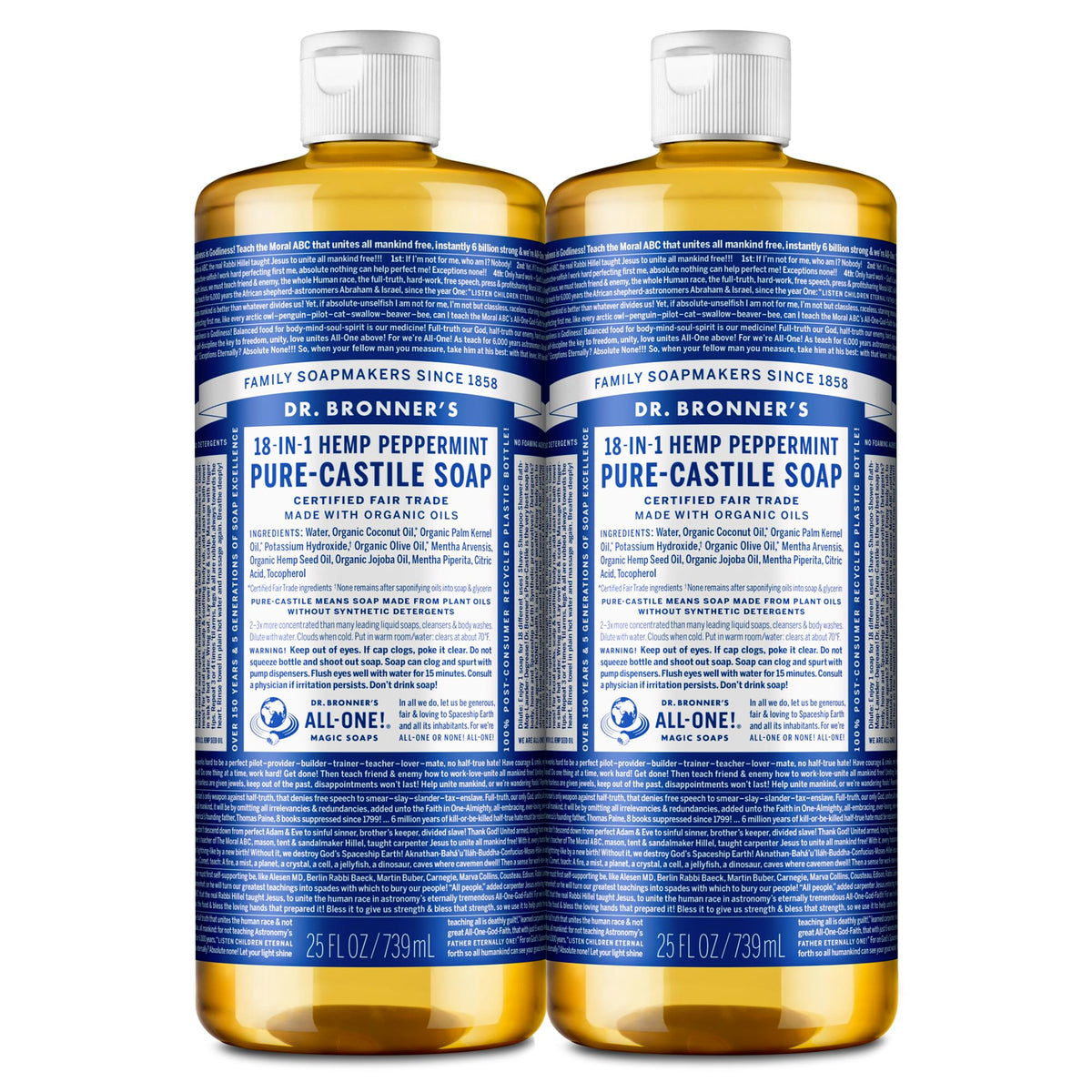 Dr. Bronner's Peppermint Pure-Castile bottle front for versatile cleansing.