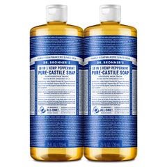 Dr. Bronner's Peppermint Pure-Castile bottle front for versatile cleansing.
