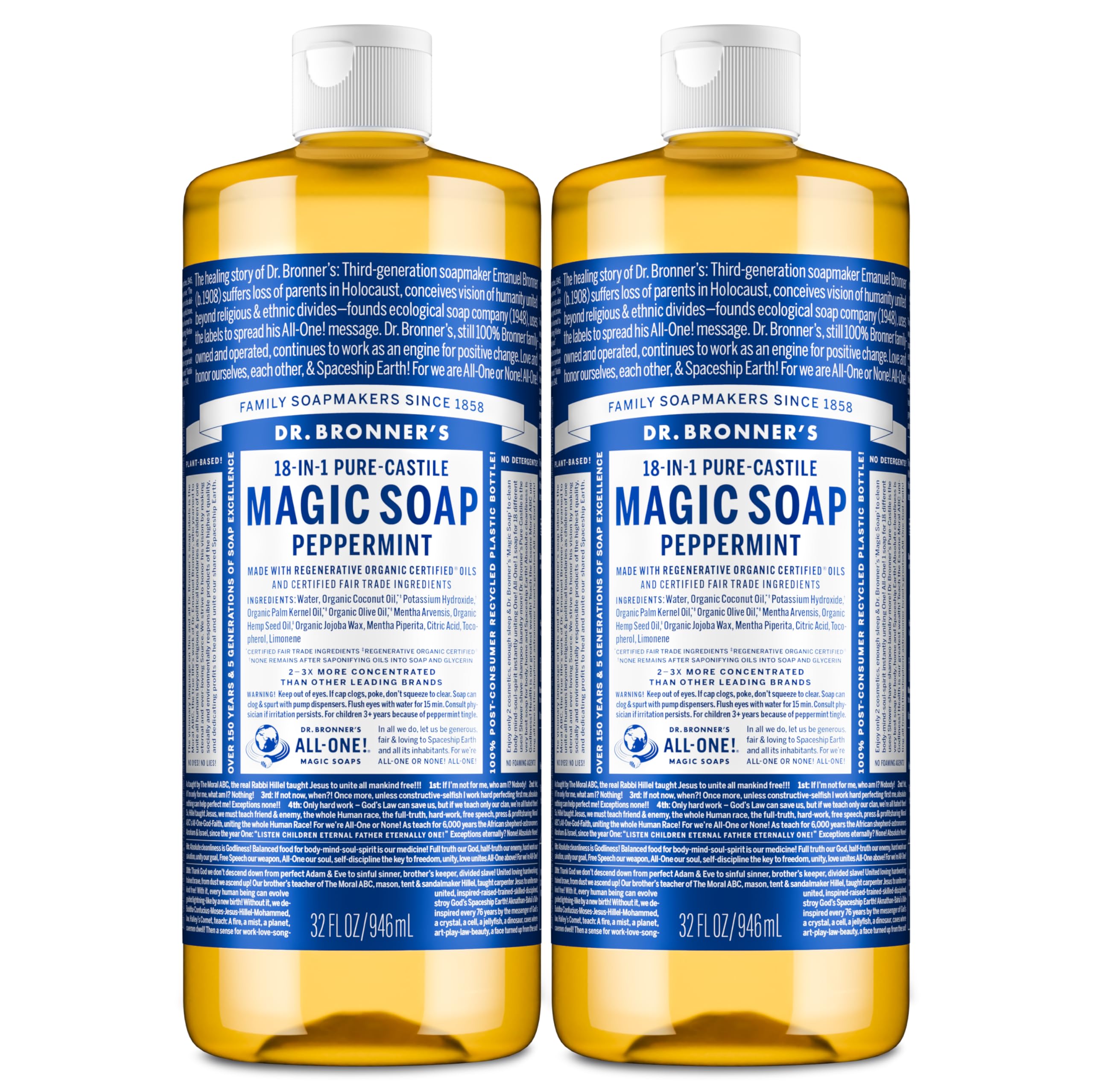 Dr. Bronner's Pure-Castile Peppermint bottle pour for versatile cleansing and refreshing feel