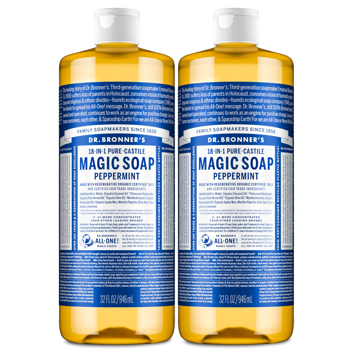 Dr. Bronner's Pure-Castile Peppermint bottle pour for versatile cleansing and refreshing feel
