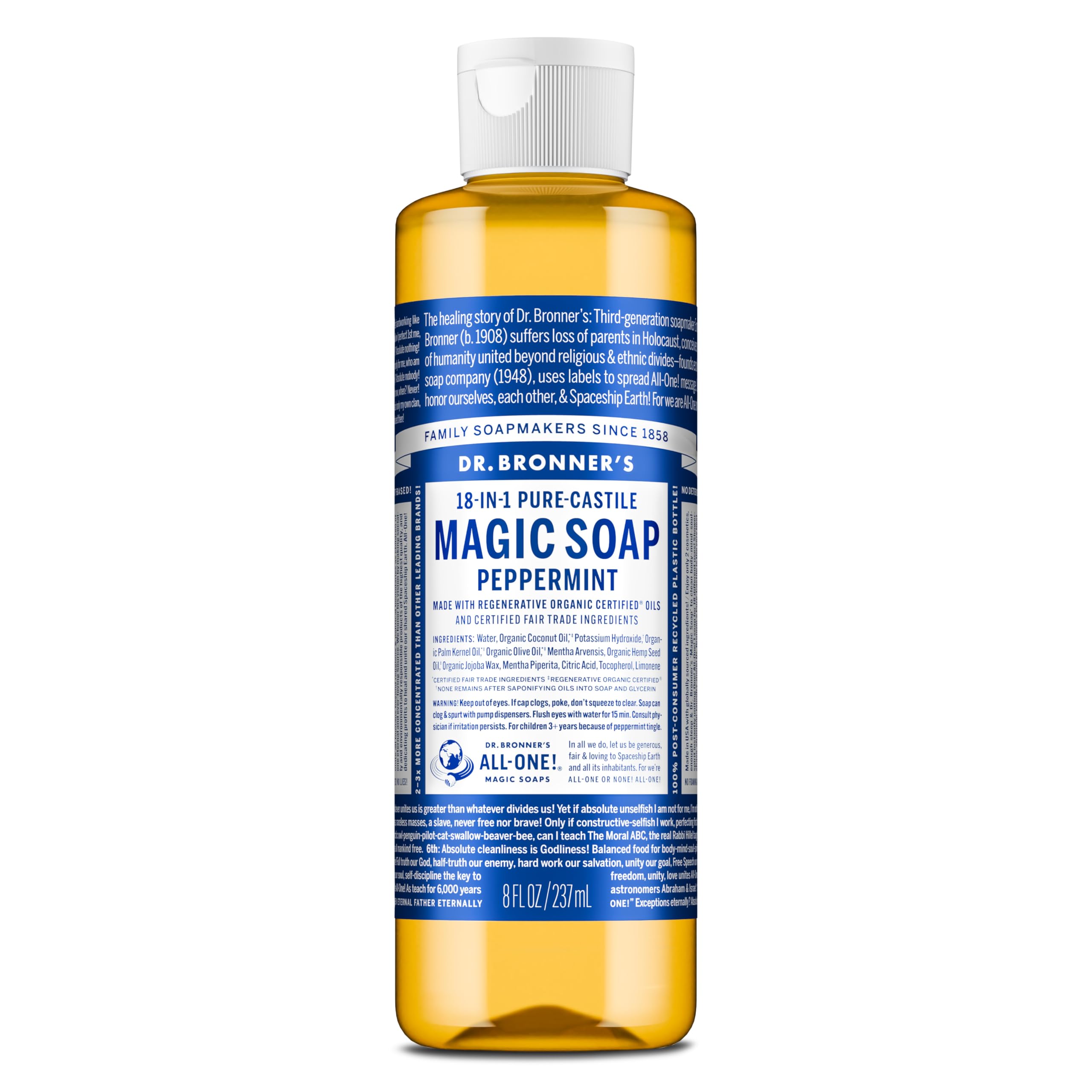 Dr. Bronner's Pure-Castile Peppermint bottle with refreshing scent for versatile cleansing.