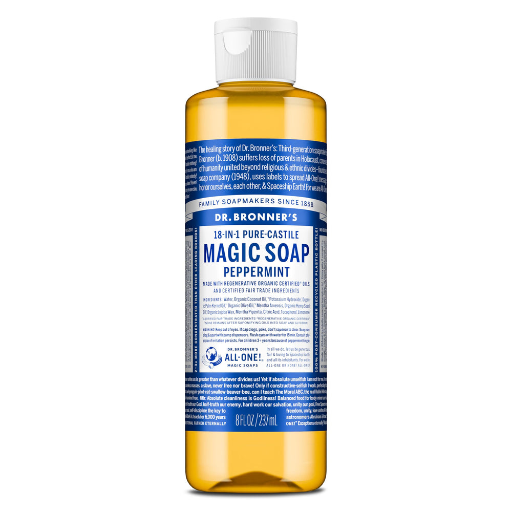 Dr. Bronner's Pure-Castile Peppermint bottle with refreshing scent for versatile cleansing.