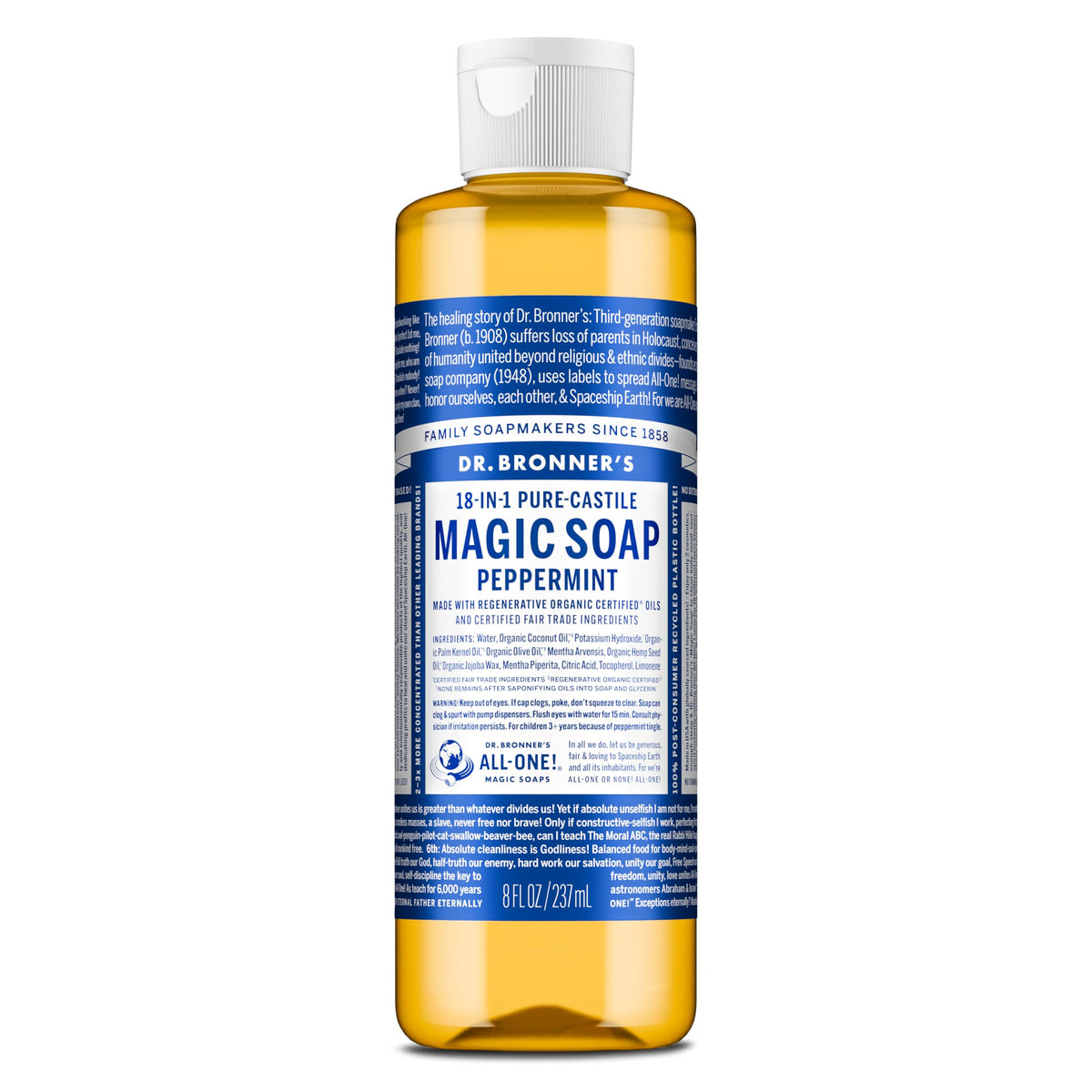 Dr. Bronner's Pure-Castile Peppermint bottle with refreshing scent for versatile cleansing.